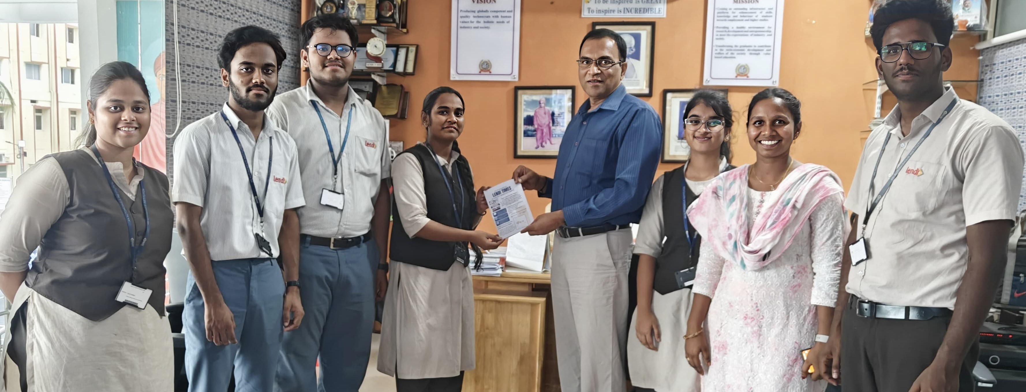 Mentor Prof Revathi G, Sreeraj Dabbiru, Jyothsna Ardhahakula, Pardhiv Dasari, Prudhvi B, Hiran Mavi, and other Lendi Write Club members presenting the first official newsletter to Principal Prof Dr VV Rama Reddy Sir